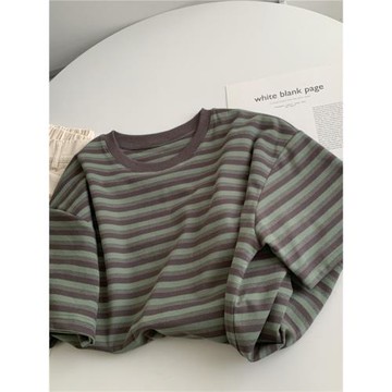 軟糯條紋短袖T恤女春季新款氣質條紋衫墨綠條紋上衣短袖打底衫女