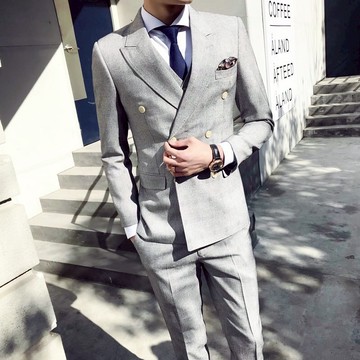 FINDSENSE H1 男士 高級 淺灰色 雙排扣 千鳥格 套裝 主持人 西服三件套