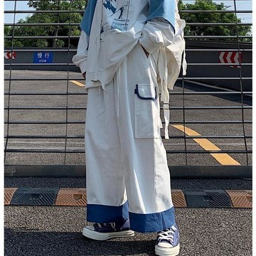 【Nobodyknows男裝】寬鬆工裝直筒風撞色日系口袋闊腿褲藍白色拼接休閒運動九分褲男女