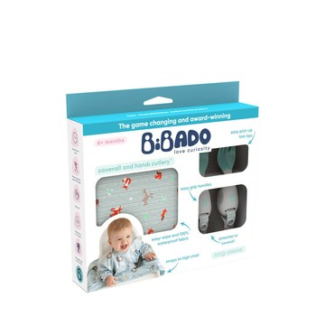 英國Bibado 防水圍兜+學習餐具2件組 禮盒 寶寶圍兜 學習叉匙 吃飯衣 畫畫衣