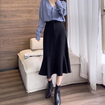 大碼氣質高腰顯瘦魚尾裙半身裙女秋冬胖mm韓版百搭荷葉邊包臀長裙