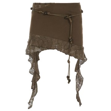 DARLINGAGA廢土復古棕色不規則針織半身裙女串珠腰帶修身包臀短裙