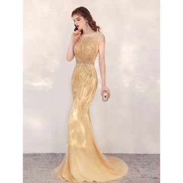 高端魚尾晚禮服2025新款金色女王氣場小拖尾氣質主持人晚禮服裙女