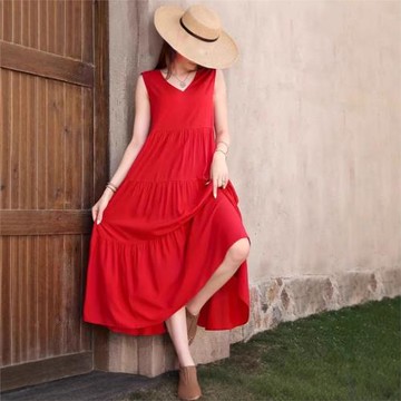 跨境外貿2025新款優雅假日純色V領分層拼接下擺寬松連衣裙 蛋糕裙