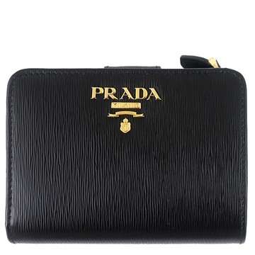 PRADA 品牌標誌黑直紋皮革押扣拉鍊短夾