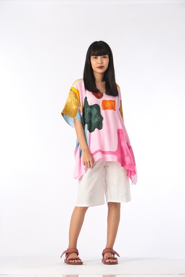 Poncho Blouse Cotton Silk V Nack Hand Painted for Summer res