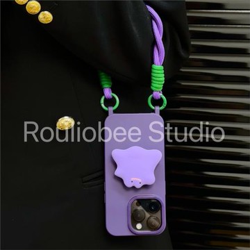 趙露思同款支架使用蘋果15promax手機殼簡約高級紫純色iphone13雙掛孔保護殼16pro硅膠軟殼14背帶掛繩12手提