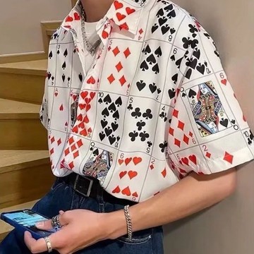 【隔日達】襯衫撲克圖案短袖 襯衣 潮流 港風 寬鬆 印花 休閒 痞帥 情侶 潮牌撲克牌襯衫