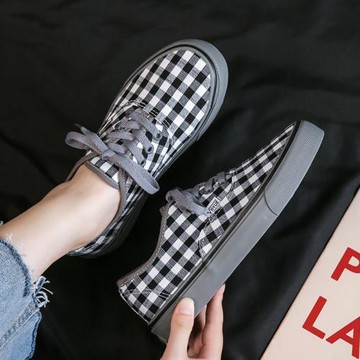 2025新款黑白格子帆布鞋女春季灰底百搭ins潮低幫棋盤格紋休閑鞋