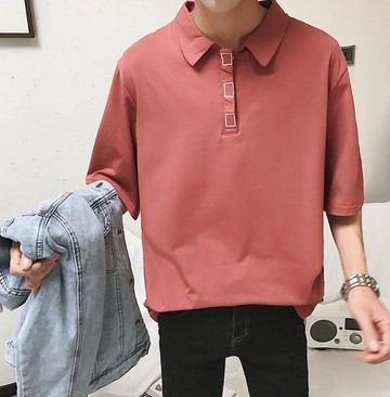 FINDSENSE MD 時尚 男 休閒 純色 素面 情侶款 寬鬆 翻領 特色鈕扣 落肩T 短袖T恤 特色短T