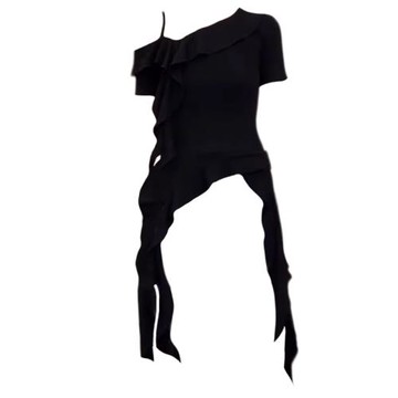 大碼女裝胖mm甜酷辣妹荷葉修邊吊帶上衣夏季設計感小眾別致短袖