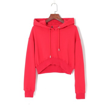 春季女裝時尚韓版純色連帽套頭抽繩長袖寬松顯瘦短款露臍衛衣