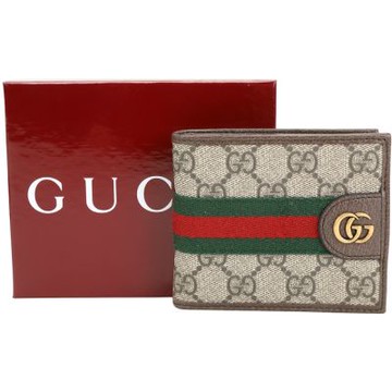 GUCCI 古馳 Ophidia GG 綠紅綠織帶老花對折短夾(烏木色)