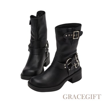 【Grace Gift】騎士金屬釦環圓頭粗跟中筒靴 黑