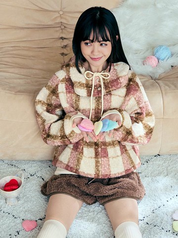 日系2way羊羔毛格紋可拆式連帽上衣