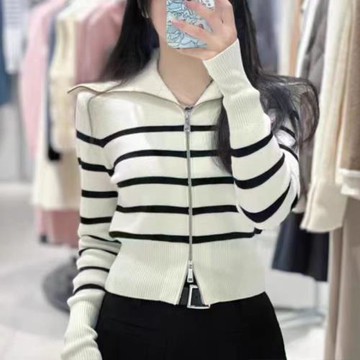 羊毛雙拉鏈針織衫25秋冬新款百搭大翻領黑白條紋開衫