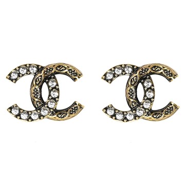 CHANEL 復古裝飾花紋水鑽LOGO貼耳針式耳環.古銅金