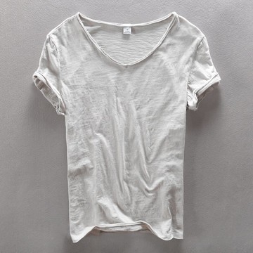 TW歐美街頭男士半短袖體恤港風復古做舊破邊V領夏季t恤純色竹節棉