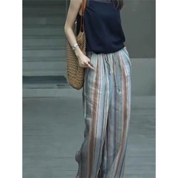 外貿出口日單外單休閑時尚設計感棉麻彩虹氣質拼色寬松百搭闊腿褲