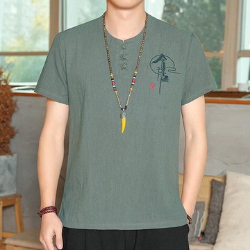 新款亞麻短袖T恤男夏季中國風寬鬆薄款上衣盤扣復古短袖體恤