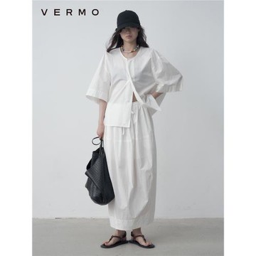 VERMO 經典有型松弛 水洗肌理長絨棉 龜背短袖襯衫半裙套裝