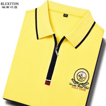夏季新款黃色絲光棉翻領短袖T恤半拉鏈POLO衫商務男裝大碼上衣服