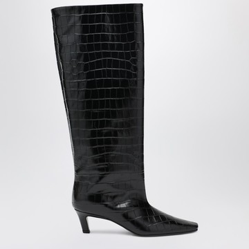 Black croc-embossed leather boots