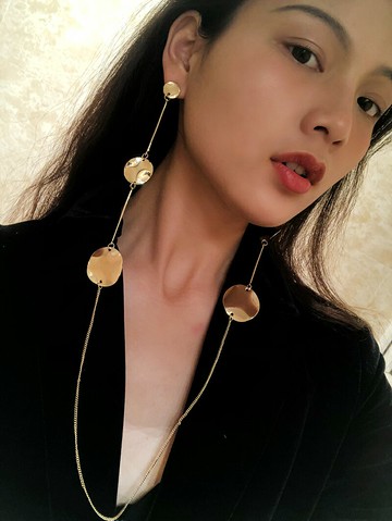 網紅掛脖連體耳鏈項鏈一體式耳釘圓片長款鏈條個性百搭冷淡風耳環