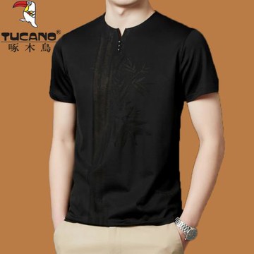 啄木鳥高端冰絲短袖T恤男寬松速干桑蠶絲半袖夏季V領薄款滑料體恤