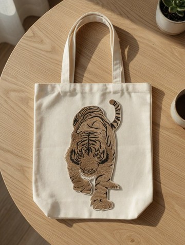 客製刺繡老虎托特包 立體老虎全身刺繡帆布袋 野生動物風格手提袋