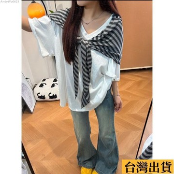 🌈台倉出庫🌈 女運動套裝女裝上衣短袖T恤鬆緊褲子兩件套休閒套裝網紅紋撞色披肩V領寬鬆女裝上衣女短袖T恤兩件套