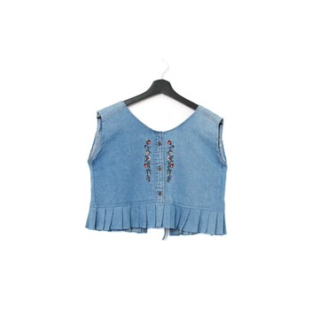 Back to Green-丹寧刺繡背心 紅色小花藤 dv-15 //vintage vest