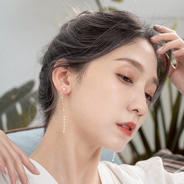 圓鑽珍珠鏈條鴨嘴耳夾-B20014