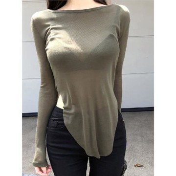 性感微透不規則襯膚長袖T恤女2024春秋新款韓版寬松打底衫上衣ins