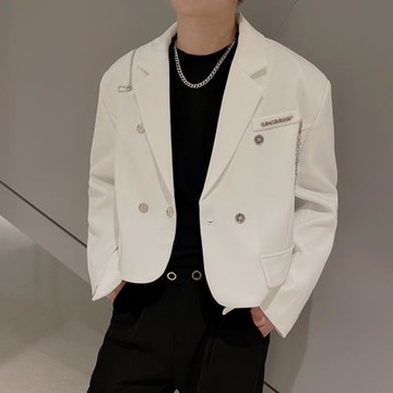 新品高級設計感拉鏈條裝飾短款西裝外套男士韓版潮流寬松痞帥西服