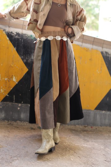 燈芯絨鬆緊腰 多色拼布長裙