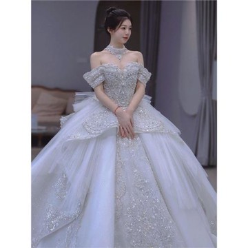 一字肩婚紗2025新款新娘主紗高級質感小個子重工大碼孕婦胖mm冬款