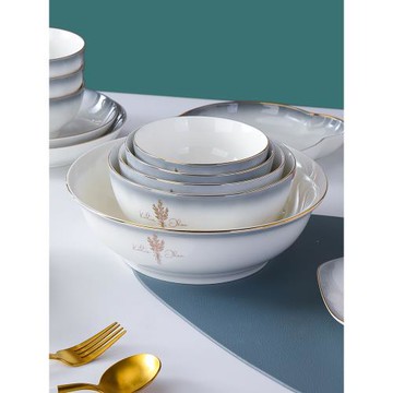 金色鑲邊大湯碗圓形陶瓷吃面碗家用簡約拉面燉菜碗酸菜魚湯碗餐具