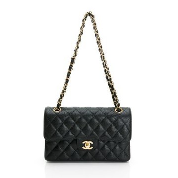 CHANEL香奈兒 Classic Flap bag 荔枝紋/中型菱格/金黑雙色鏈帶/包身較長 23cm(黑)
