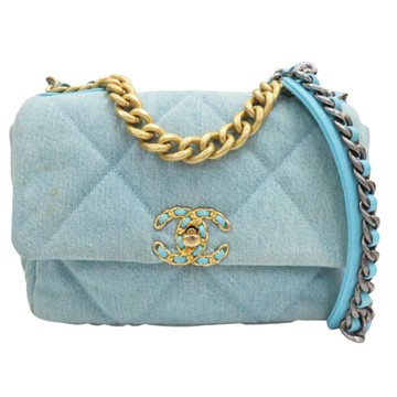 CHANEL 香奈兒 湖水藍色 單寧布 19 口蓋包 鍊帶肩背包 【二手名牌BRAND OFF】
