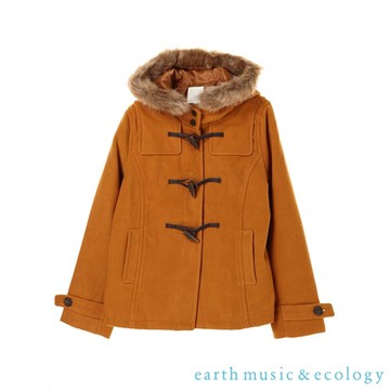 earth music 定番短版毛呢連帽牛角釦大衣外套