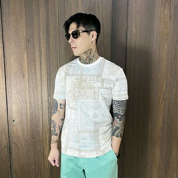 美國百分百【全新真品】GUESS T恤 棉質 短袖 圓領 上衣 T-shirt logo 圖騰 短T 白色 DD92