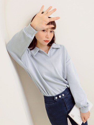 保暖毛圈布純色POLO領大學T