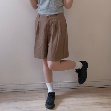057_studio日系亞麻後鬆緊短褲（附腰帶）