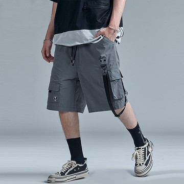 【双 11 限定】多口袋工裝短褲夏季灰色刺繡飄帶運動五分褲