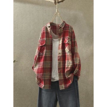 春秋季格子襯衫中長款復古時尚胖妹妹文藝百搭純棉Polo領襯衣長袖