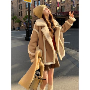 皮毛一體羊羔毛大衣女冬季2025新款韓版小個子加厚皮衣麂皮絨外套