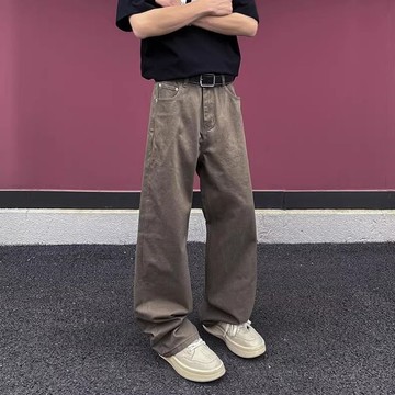 春季新款工裝休閒褲男 日系復古水洗做舊寬鬆百搭闊腿直筒褲子潮流