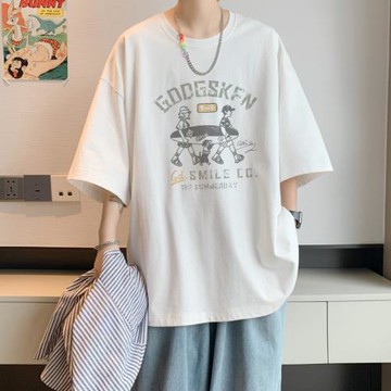 夏季冰絲涼感短袖T恤男生美式ins半袖寬松體恤純棉大碼打底衫潮牌