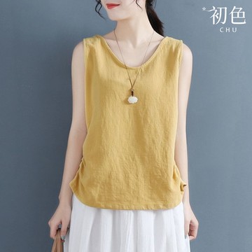 初色 純色透氣棉麻風側邊收腰褶皺圓領無袖背心女背心-共4色-35002(M-3XL可選/現貨+預購)